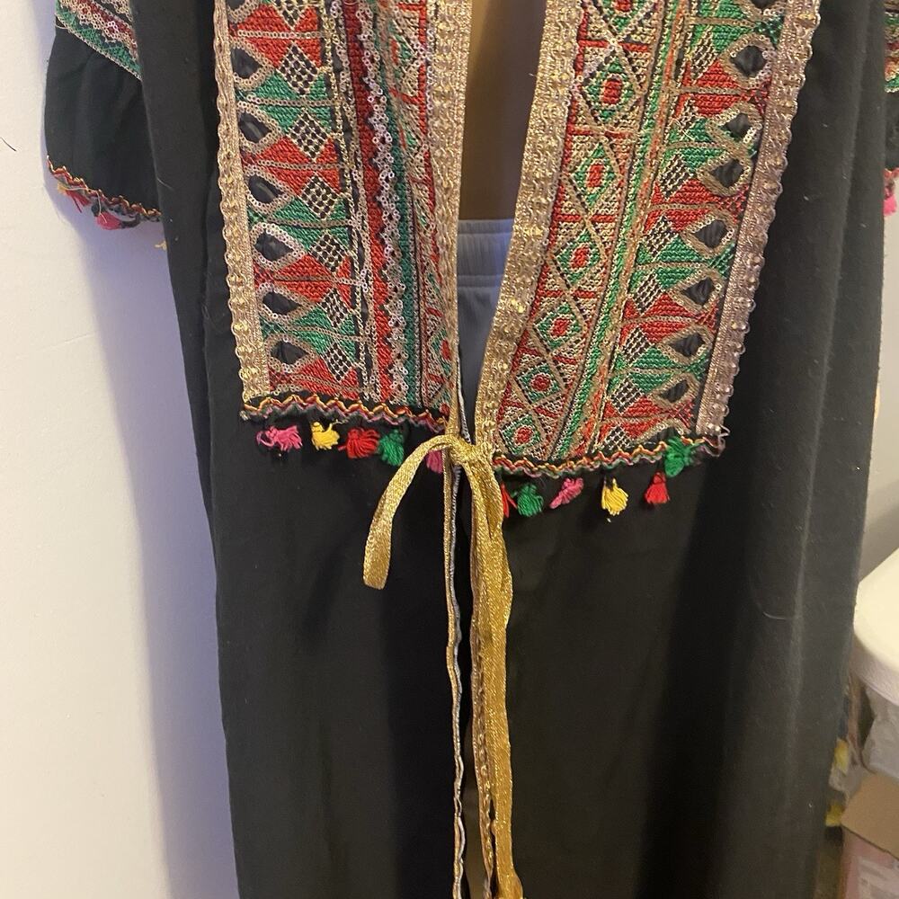 Vintage 90s Egyptian Kimono Full Length Cardigan Blink Embroidery Black Boho 2X - Picture 9 of 11